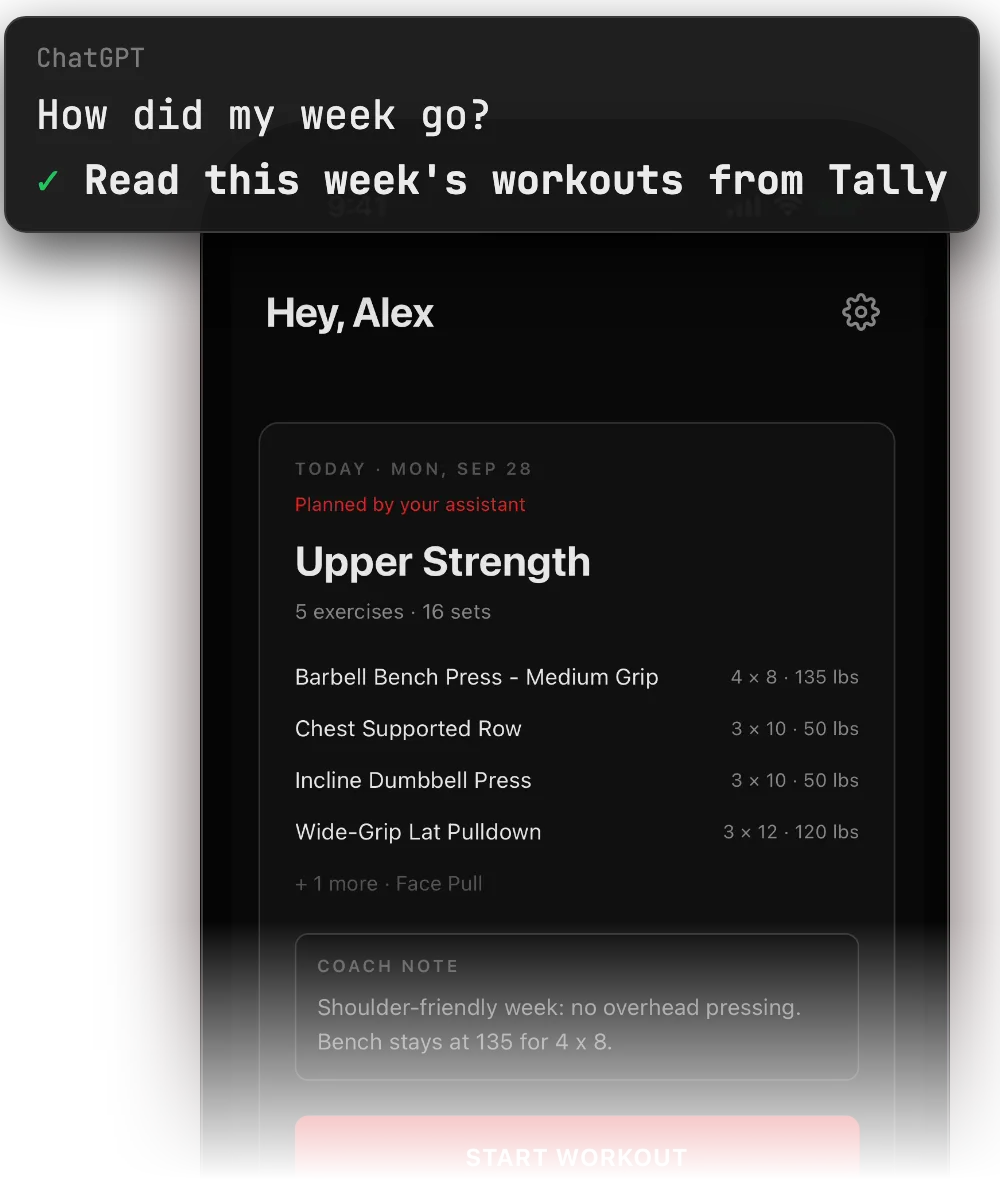 An iPhone with Tally and a ChatGPT chat that reads this week's workouts from Tally.