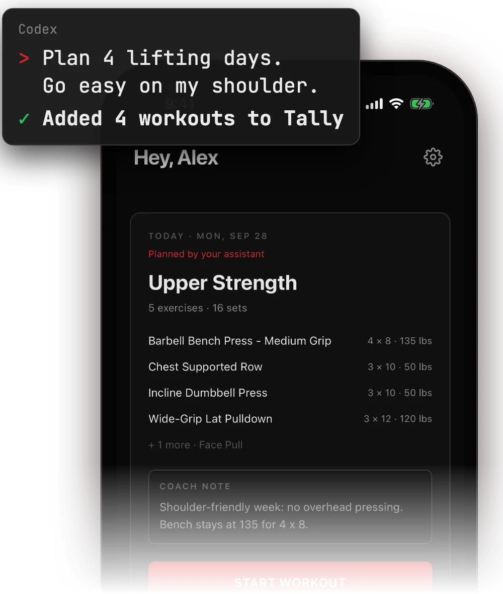 An iPhone with Tally and a Codex chat that adds 4 workouts to Tally.