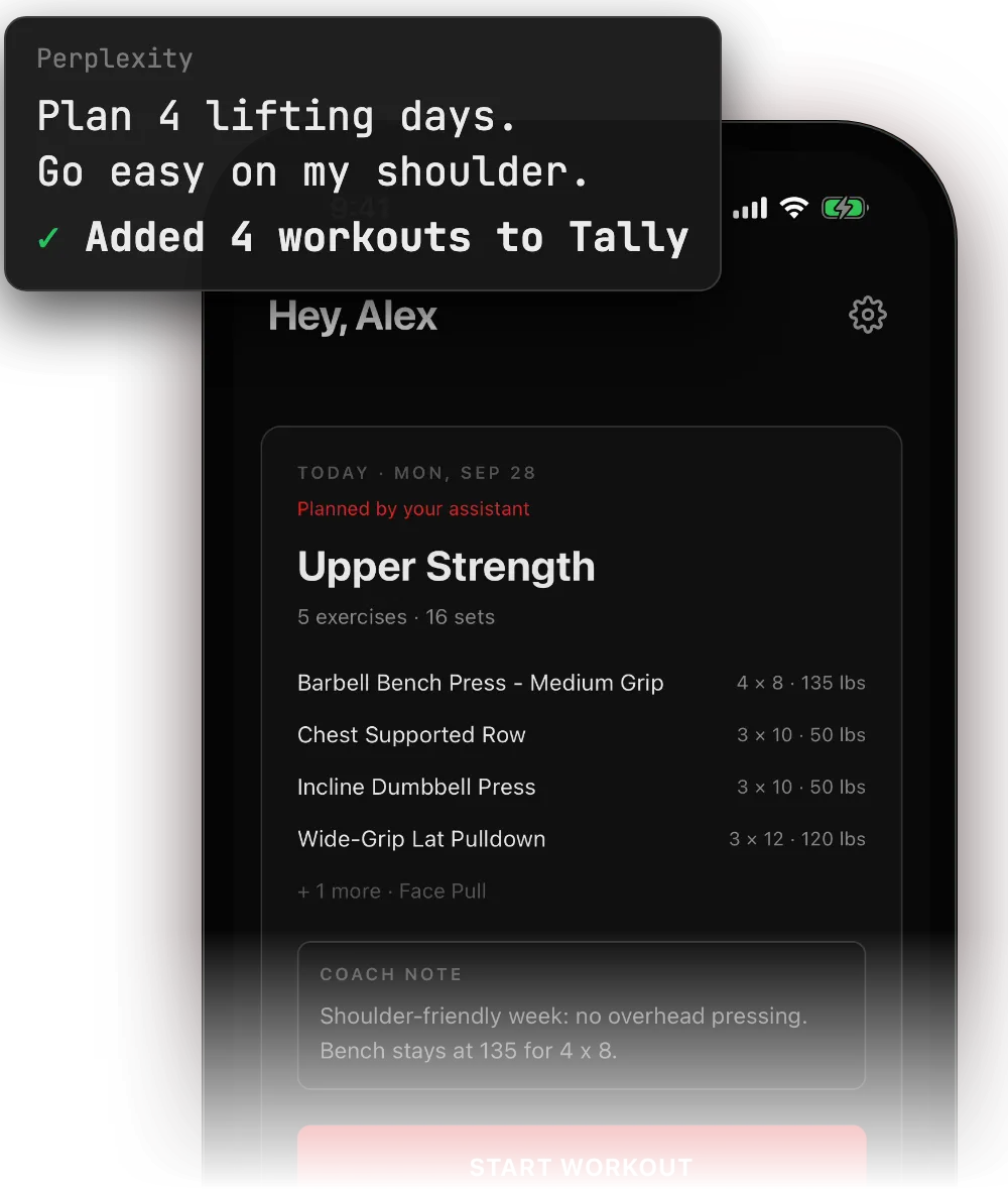 An iPhone with Tally and a Perplexity chat that adds 4 workouts to Tally.